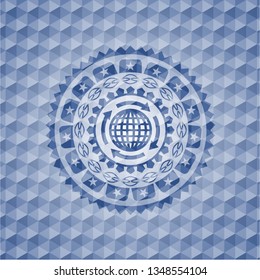 globalization icon inside blue badge with geometric pattern background.