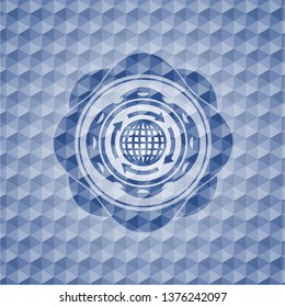 globalization icon inside blue badge with geometric pattern background.