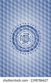 globalization icon inside blue emblem with geometric pattern.