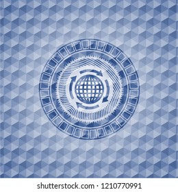 globalization icon inside blue emblem with geometric pattern.