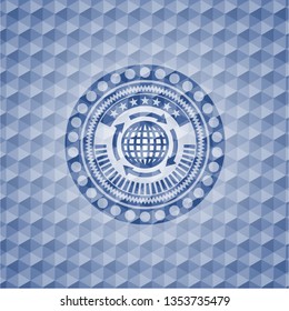 globalization icon inside blue emblem or badge with geometric pattern background.