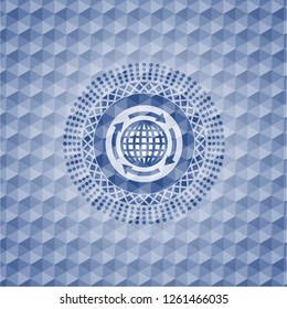 globalization icon inside blue polygonal emblem.
