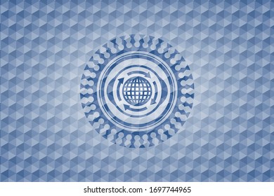 globalization icon inside blue polygonal badge.