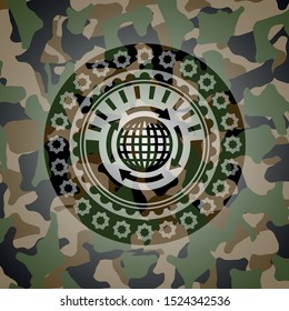 globalization icon inside camouflage emblem