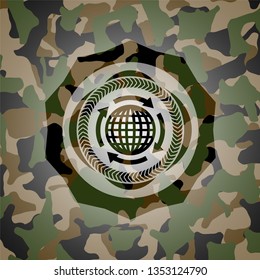 globalization icon inside camouflaged emblem