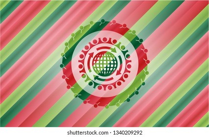 globalization icon inside christmas badge.