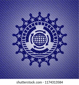 globalization icon inside emblem with denim high quality background