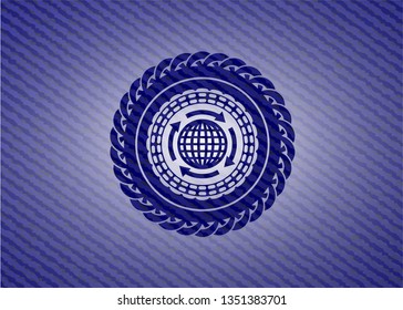 globalization icon inside emblem with jean texture