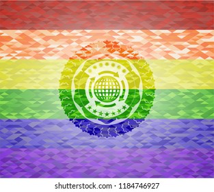 globalization icon inside emblem on mosaic background with the colors of the LGBT flag