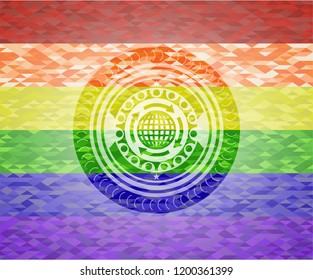 globalization icon inside emblem on mosaic background with the colors of the LGBT flag