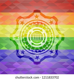 globalization icon inside emblem on mosaic background with the colors of the LGBT flag