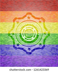 globalization icon inside emblem on mosaic background with the colors of the LGBT flag