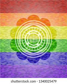globalization icon inside emblem on mosaic background with the colors of the LGBT flag