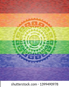 globalization icon inside emblem on mosaic background with the colors of the LGBT flag