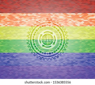 globalization icon inside emblem on mosaic background with the colors of the LGBT flag