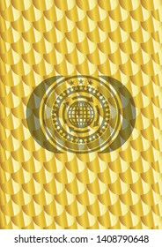 globalization icon inside gold badge. Scales pattern. Vector Illustration. Detailed.