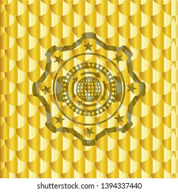 globalization icon inside gold emblem or badge. Scales pattern. Vector Illustration. Detailed.