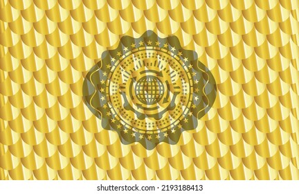 globalization icon inside gold shiny emblem. Scales pattern. Vector Illustration. Detailed. 
