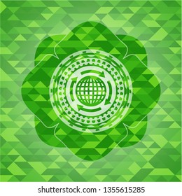 globalization icon inside green emblem. Mosaic background
