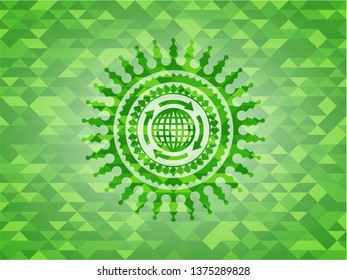 globalization icon inside green emblem. Mosaic background