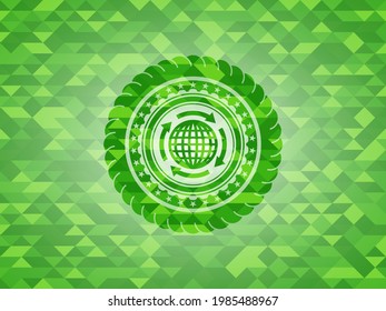globalization icon inside green emblem with mosaic ecological style background. 