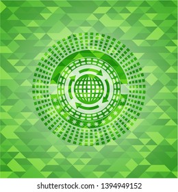globalization icon inside green mosaic emblem