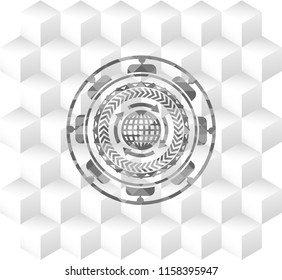 globalization icon inside grey badge with geometric cube white background