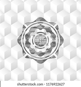 globalization icon inside grey badge with geometric cube white background