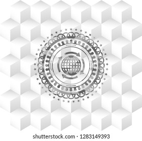 globalization icon inside grey badge with geometric cube white background
