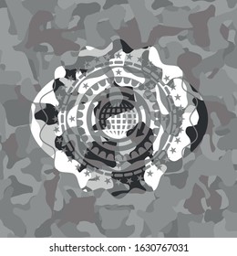 globalization icon inside grey camo emblem