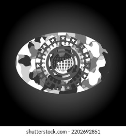 globalization icon inside grey camo emblem. 