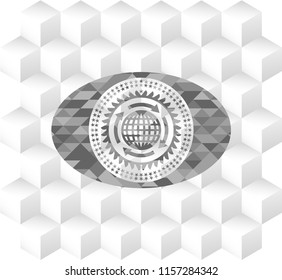 globalization icon inside grey icon or emblem with geometric cube white background