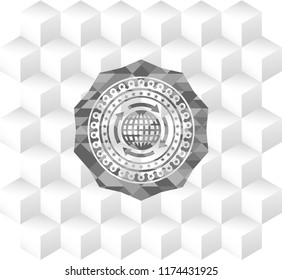 globalization icon inside grey emblem with geometric cube white background