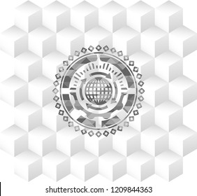globalization icon inside grey emblem. Vintage with geometric cube white background