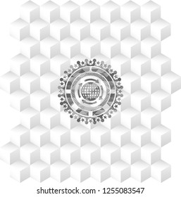 globalization icon inside grey emblem with geometric cube white background