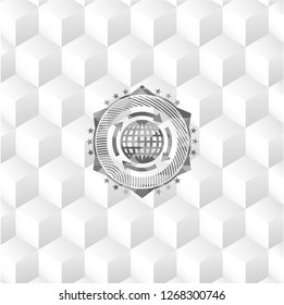 globalization icon inside grey emblem with geometric cube white background