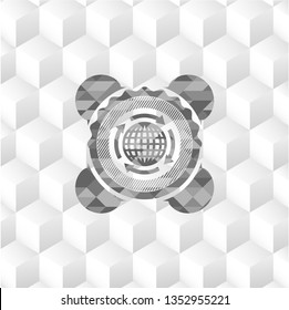 globalization icon inside grey emblem. Retro with geometric cube white background