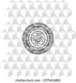 globalization icon inside grey emblem with geometric cube white background