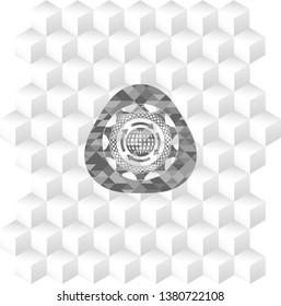 globalization icon inside grey icon or emblem with geometric cube white background