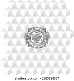 globalization icon inside grey emblem with geometric cube white background