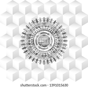 globalization icon inside grey emblem with geometric cube white background