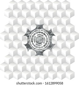 globalization icon inside grey emblem with cube white background