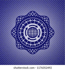 globalization icon inside jean or denim emblem or badge background
