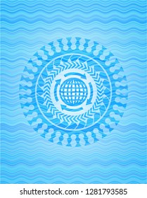globalization icon inside light blue water emblem.
