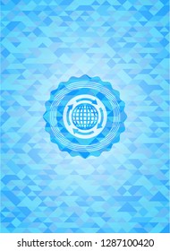 globalization icon inside light blue emblem with mosaic ecological style background