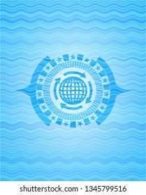 globalization icon inside light blue water wave emblem background.