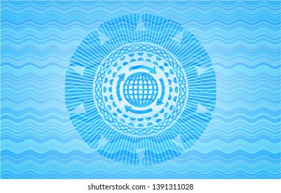 globalization icon inside light blue water wave emblem background.