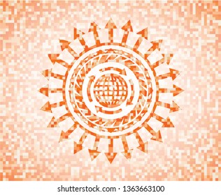 globalization icon inside orange mosaic emblem with background