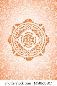 icono de globalización dentro del emblema de mosaico naranja con fondo