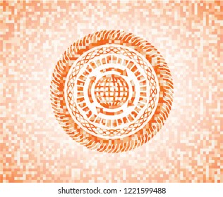 globalization icon inside orange tile background illustration. Square geometric mosaic seamless pattern with emblem inside.